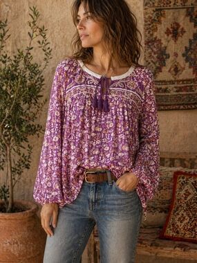 Burgundy Boho Floral Embroidered Peasant Top Tassel Tie Flowy Blouse